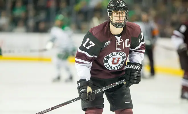 Photo By: Bradley K. Olson Cole Maier (Union-17) 2017 Nov. 17 University of North Dakota and Union College in a non conference matchup at the Ralph Engelstad Arena in Grand Forks, ND (Bradley K. Olson)