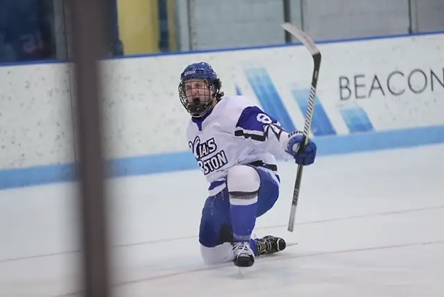 Nolan Redler of UMass-Boston Nolan Redler of UMass-Boston had four goals and two assists in first-place clinching win over Babson (Macayla Chianco - Beacons Athletics)