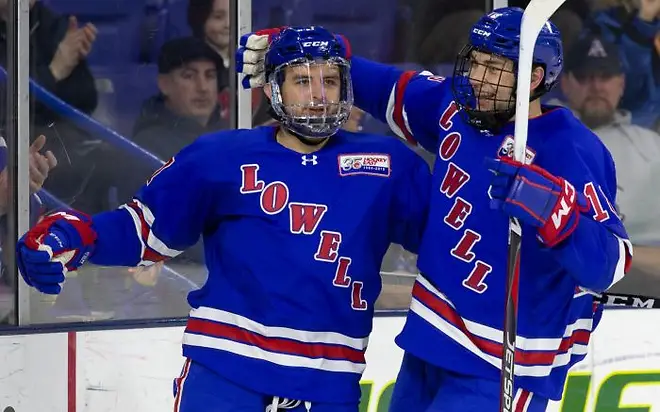 UML_JAN_26_2019_0853 CHESTNUT HILL, MA - JANUARY 26: NCAA men's hockey between the UMass Lowell River Hawks and the Boston College Eagles at Kelley Rink on January 26, 2019 in Chestnut Hill, Massachusetts. (Photo by Rich Gagnon) (Rich Gagnon/photo: Rich Gagnon)