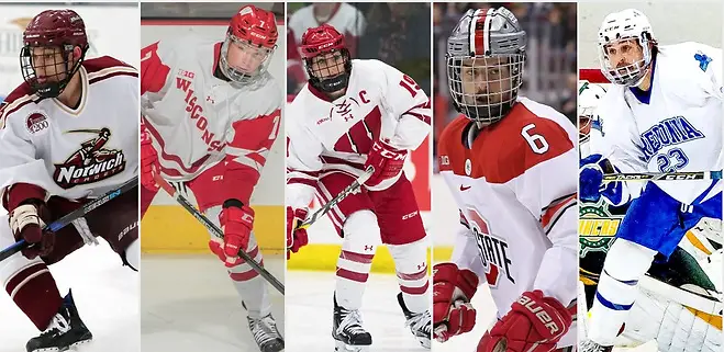 Photo By: (photos: Norwich Athletics, Wisconsin Athletics, Ohio State Athletics, Fredonia Athletics). Cam Beecy, Jake Bunz, Annie Pankowski, Tommy Parran and Luke Rivera are this year's Hockey Humanitarian Award finalists (photos: Norwich Athletics, Wisconsin Athletics, Ohio State Athletics, Fredonia Athletics). ((photos: Norwich Athletics, Wisconsin Athletics, Ohio State Athletics, Fredonia Athletics).)