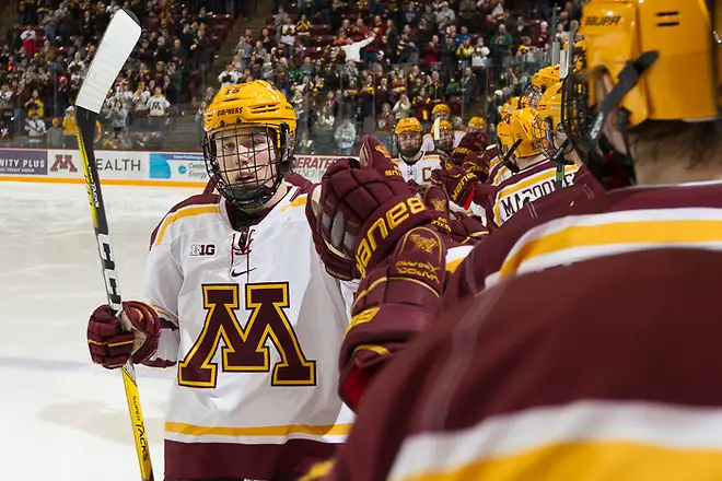 Photo By: Jim Rosvold/University of Minnesota 03 Feb 17: Rem Pitlick (Minnesota - 15). The University of Minnesota Golden Gophers host the Penn State Nittany Lions in a B1G matchup at Mariucci Arena in Minneapolis, MN (Jim Rosvold/University of Minnesota)