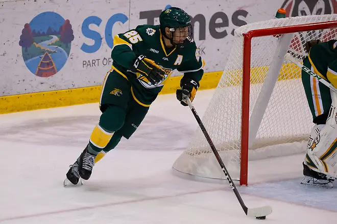 Photo By: Jim Rosvold 19 Oct 18: Philip Beaulieu (Northern Michigan - 25). The St. Cloud State University Huskies host the Northern Michigan University Wildcats in a non-conference matchup at the Herb Brooks National Hockey Center in St. Cloud, MN. (Jim Rosvold)