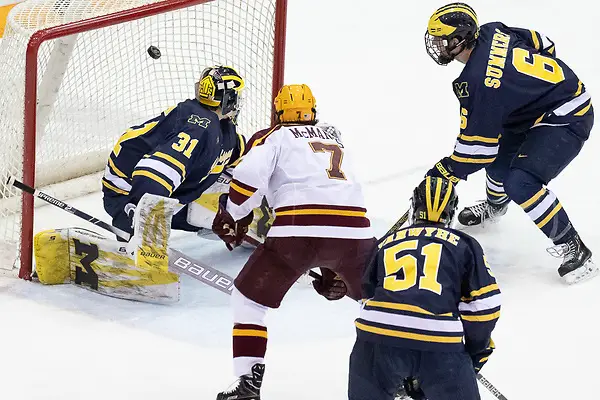 B1G Tourney, Quarterfinals 8 Mar 19: The University of Minnesota Golden Gophers host the University of Michigan Wolverines in quarterfinal round of the 2019 B1G Men's Ice Hockey Tournament at 3M at Mariucci Arena in Minneapolis, MN. (Jim Rosvold)