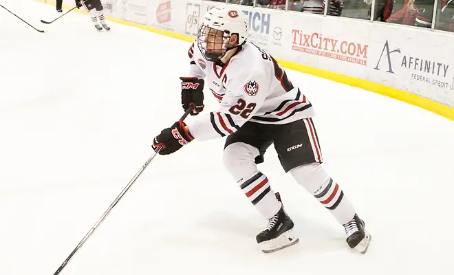 Photo By: Bradley K. Olson Jimmy Schuldt (SCSU-22) 2018 Jan. 12 The St.Cloud State University Huskies host Mankato State University n a non conference matchup at the Herb Brooks National Hockey Center in St. Cloud, MN (Bradley K. Olson)