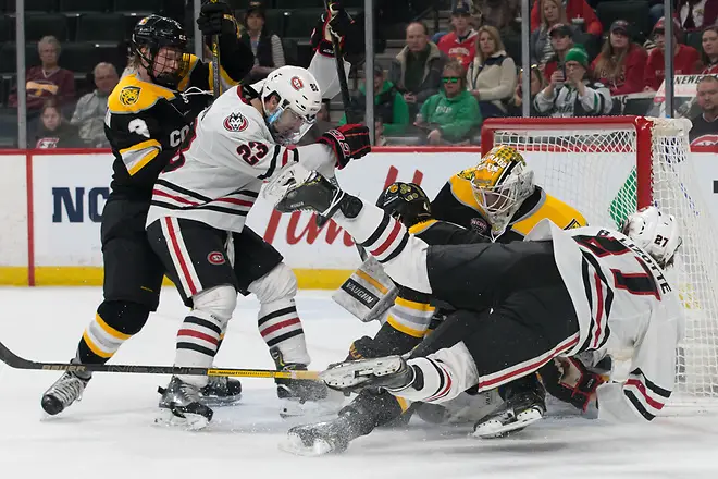 Photo By: Bradley K. Olson Blake Lizotte (SCSU-27) 2019 March 22 St. Cloud State University and Colorado College meet in the semi finals of the NCHC Frozen Face Off at the Xcel Energy Center in St. Paul, MN (Bradley K. Olson)