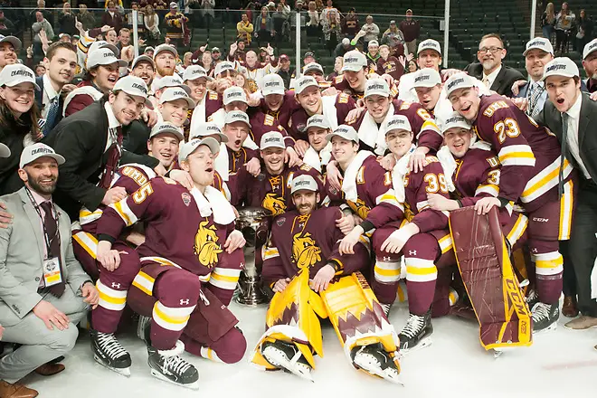Photo By: Bradley K. Olson UMD Bulldogs Champions 2019 March 23 University of Minnesota Duluth and St. Cloud State University meet in the championship game of the NCHC Frozen Face Off at the Xcel Energy Center in St. Paul, MN (Bradley K. Olson)