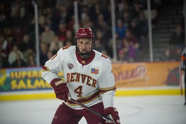 Griffin Mendel of Denver Griffin Mendel of Denver, Colorado College at Denver at Magness Arena, Jan. 19, 2019 (Candace Horgan)
