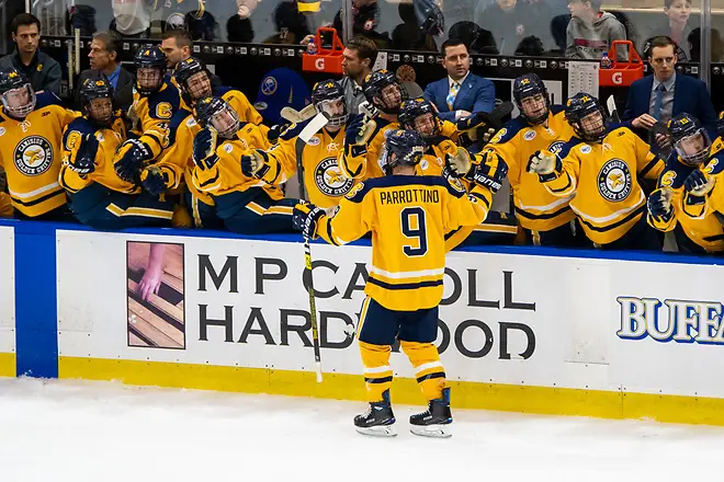 Photo By: 2019 Omar Phillips Canisius players celebrate a goal by David Parrottino (9 - Canisius) (2019 Omar Phillips)