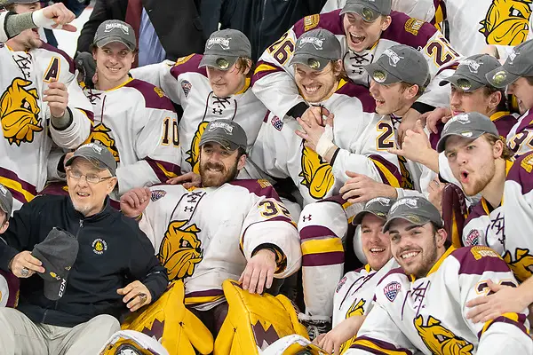 Photo By: 2019 Omar Phillips UMD players celebrate after winning the Midwest Regional final (2019 Omar Phillips)