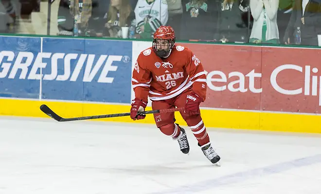 Photo By: Bradley K. Olson 14 Nov.15 The University of North Dakota hosts Miami of Ohio in a NCHC matchup at the Ralph Engelstad Arena in Grand Forks, ND Justin Greenberg (Miami of Ohio-26) (Bradley K. Olson)
