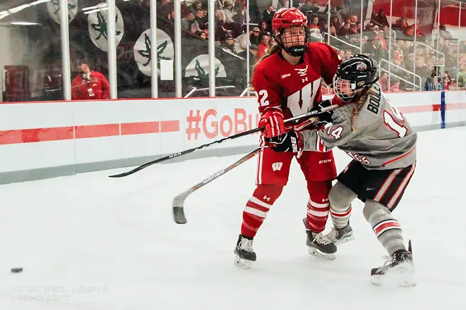 Photo By: Rachel Lewis Mekenzie Steffen (Wisc - 22), Samantha Bouley (OSU - 14) The #1 Wisconsin Badgers complete the sweep over the Ohio State Buckeyes with a 5-0 win Saturday, December 10, 2016 at the OSU Ice Rink in Columbus, OH. (Rachel Lewis)