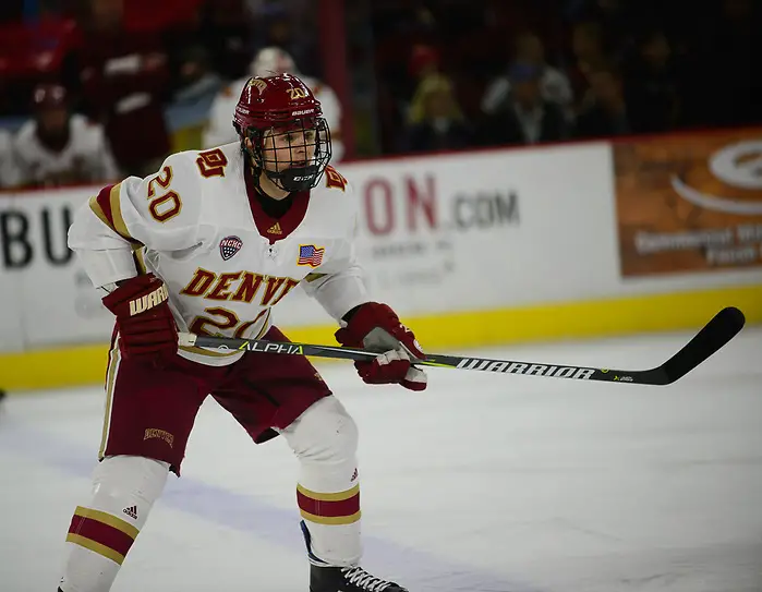 Emilio Pettersen of Denver Emilio Pettersen of Denver, Providence at Denver at Magness Arena, Nov. 24, 2018 (Candace Horgan)