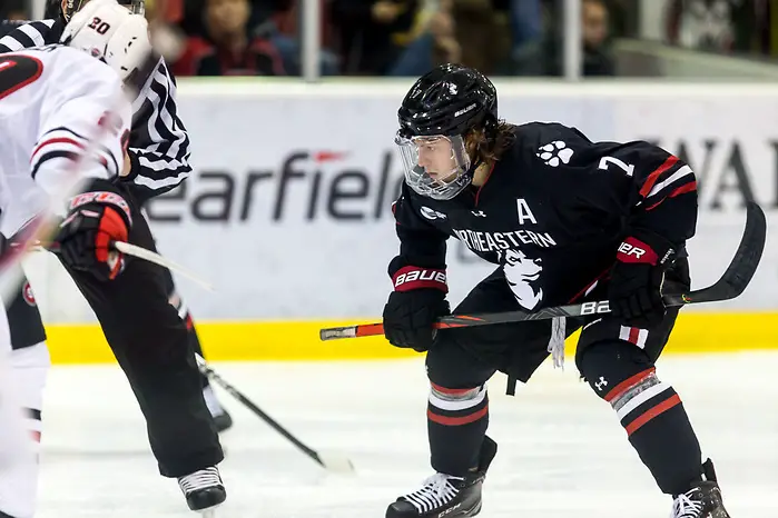 Photo By: Bradley K. Olson John Picking (NORTHEASTERN-7) 2019 October 26 Northeastern and St. Cloud State University meet in non conference game at the Herb Brooks National Hockey Center in St. Cloud, MN (Bradley K. Olson)