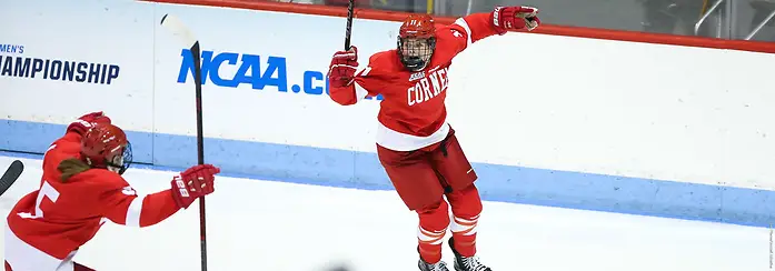 Gillis Frechette of Cornell Gillis Frechette celebrates the game-winner against Northeastern (Cornell Athletics)