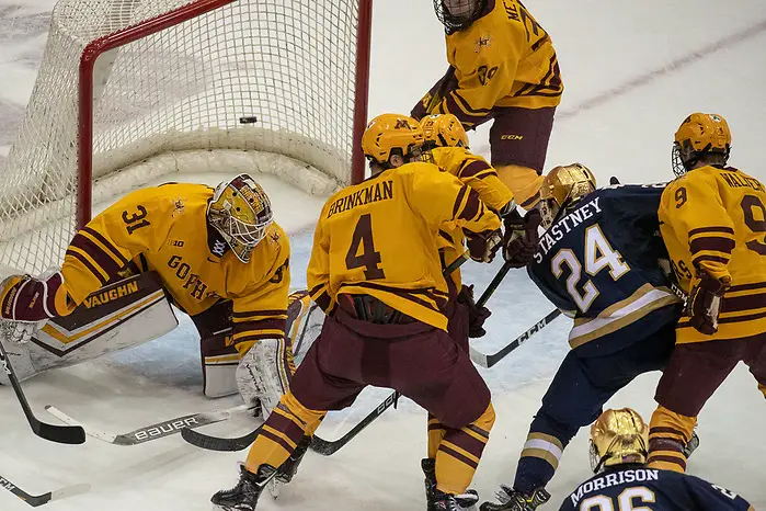 Notre Dame vs Minnesota 02 Nov 19: Spencer Stastney (Notre Dame - 24) goal. The University of Minnesota Golden Gopher host the University of Notre Dame Fighting Irish in a B1G matchup at 3M Arena at Mariucci in Minneapolis, MN. (Jim Rosvold)