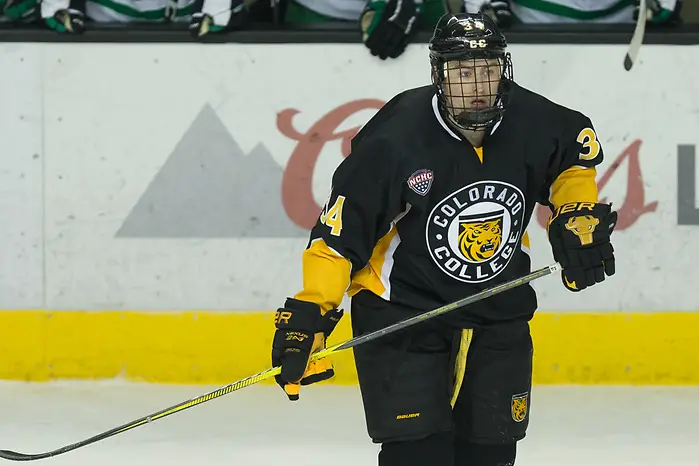 Photo By: Bradley K. Olson Chris Wilkie (Colorado College-34) 2019 January 12 University of North Dakota hosts Colorado College in a NCHC matchup at the Ralph Engelstad Arena in Grand Forks, ND (Bradley K. Olson)