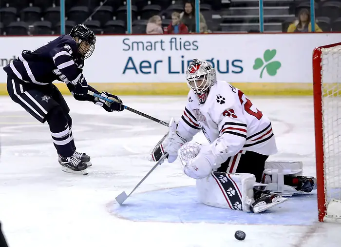 Northeastern Huskies v New Hampshire Wildcats - Friendship Four Press Eye - Belfast, Northern Ireland - 29th November 2019 - Photo by William Cherry/Presseye Northeastern's Craig Pantano with New Hampshire's Anthony Wyse during Friday afternoons Friendship Four game at the SSE Arena, Belfast. Photo by William Cherry/Presseye (William Cherry/Presseye)