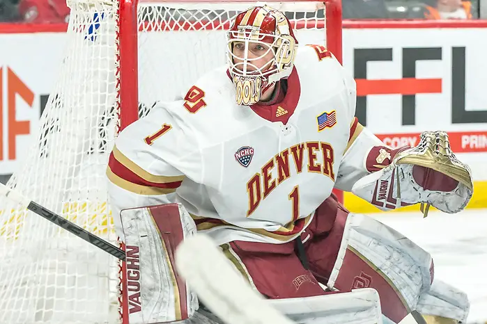 Photo By: Bradley K. Olson Devin Cooley (Denver-1) 2019 March 23 Denver and Colorado College meet in the 3rd place game of the NCHC Frozen Face Off at the Xcel Energy Center in St. Paul, MN (Bradley K. Olson)