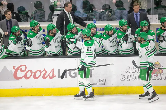 Photo By: Bradley K. Olson Shane Pinto (North Dakota-22) 2019 November 22 St. Cloud State University and University North Dakota meet in NCHC conference game at the Ralph Engelstad Arena Grand Forks, ND (Bradley K. Olson)