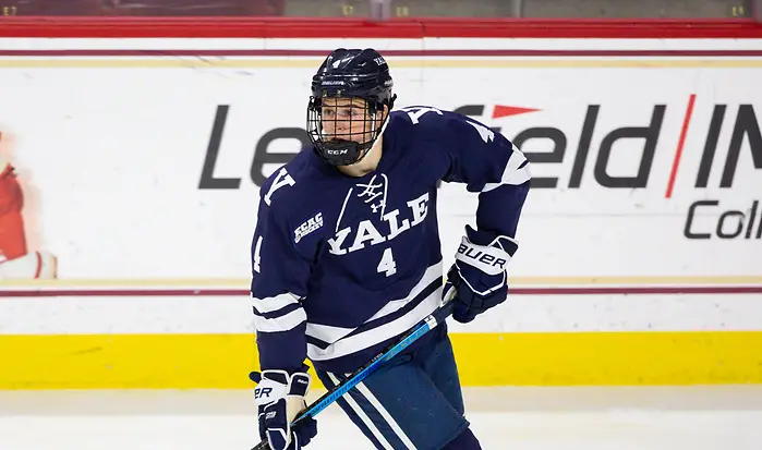 775431897RG1338_YALE_BC CHESTNUT HILL, MA - NOVEMBER 26: Matt Foley #4 of the Yale Bulldogs skates against the Boston College Eagles during NCAA men's hockey at Kelley Rink on November 26, 2019 in Chestnut Hill, Massachusetts. The Eagles won 6-2. (Photo by Rich Gagnon/USCHO) (Rich Gagnon)