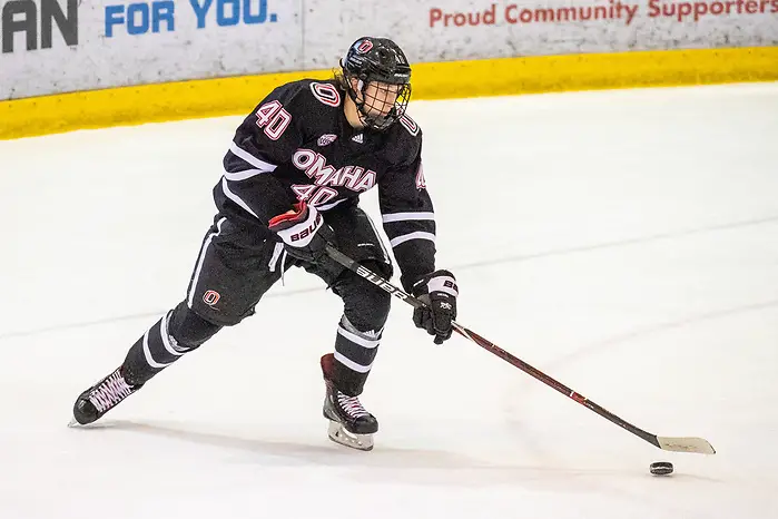 Nebraska Omaha vs. St. Cloud State 14 Dec 19: Tyler Weiss (Nebraska Omaha - 40). The St. Cloud State University Huskies host the University of Nebraska Omaha Mavericks in a NCHC matchup at the Herb Brooks National Hockey Center in St. Cloud, MN. (Jim Rosvold)