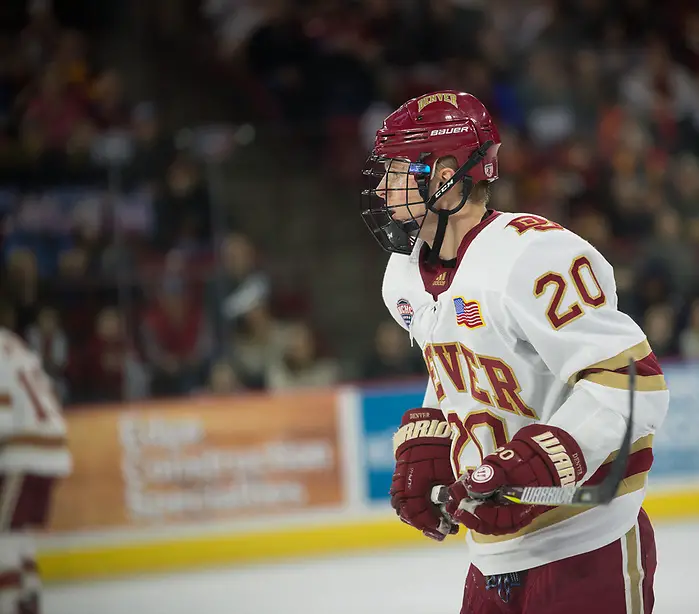 Emilio Pettersen of Denver Emilio Pettersen of Denver, Colorado College at Denver at Magness Arena, Jan. 19, 2019 (Candace Horgan)