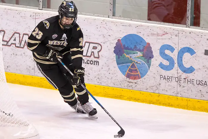 Photo By: Bradley K. Olson Paul Washe (Western Michigan-23) 2019 January 18 St. Cloud State University hosts Western Michigan in a NCHC contest at the Herb Brooks National Hockey Center (Bradley K. Olson)
