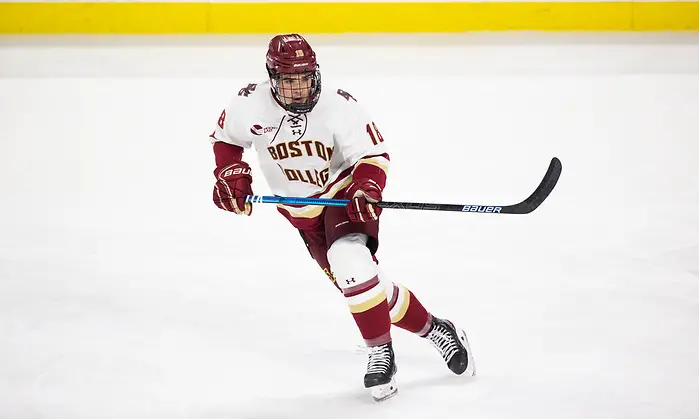 775431897RG1347_YALE_BC CHESTNUT HILL, MA - NOVEMBER 26: Alex Newhook #18 of the Boston College Eagles skates against the Yale Bulldogs during NCAA men's hockey at Kelley Rink on November 26, 2019 in Chestnut Hill, Massachusetts. The Eagles won 6-2. (Photo by Rich Gagnon/USCHO) (Rich Gagnon)