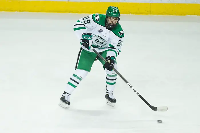 Photo By: Bradley K. Olson Jordan Kawaguchi (North Dakota-29) 2018 November 17 The University of North Dakota hosts Western Michigan in a NCHC matchup at the Ralph Engelstad Arena in Grand Forks, ND (Bradley K. Olson)