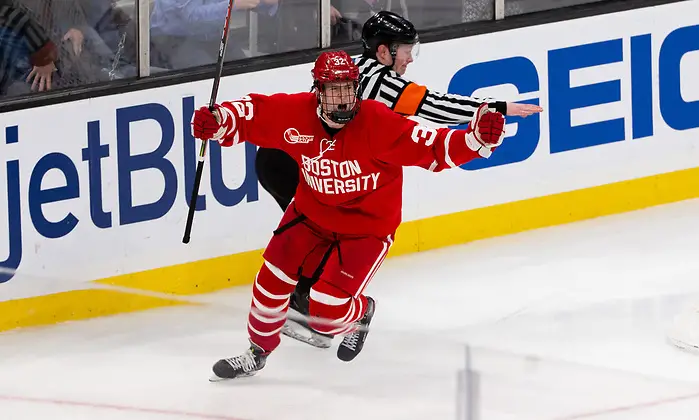 775463140RG1998_BU_BC BOSTON, MA - FEBRUARY 3: Wilmer Skoog #32 of the Boston University Terriers scores in overtime against the Boston College Eagles during NCAA hockey in the semifinals of the annual Beanpot Hockey Tournament at TD Garden on February 3, 2020 in Boston, Massachusetts. (Photo by Rich Gagnon/USCHO) (Rich Gagnon)