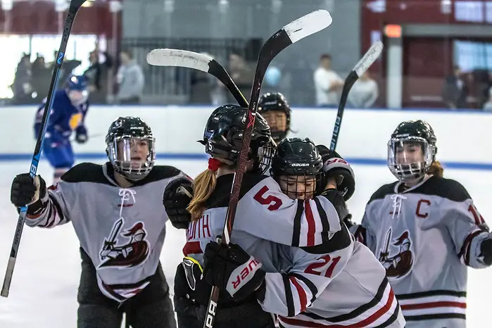 Manhattanville celebrates Manhattanville players celebrate another goal in the team's 7-1 win over Lebannon Valley (Manhattanville Athletics)