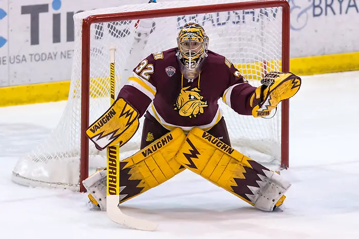 Photo By: Bradley K. Olson Hunter Shepard (Minnesota-Duluth -32) 2019 March 9 St. Cloud State University hosts University of Minnesota Duluth n a NCHC contest at the Herb Brooks National Hockey Center (Bradley K. Olson)