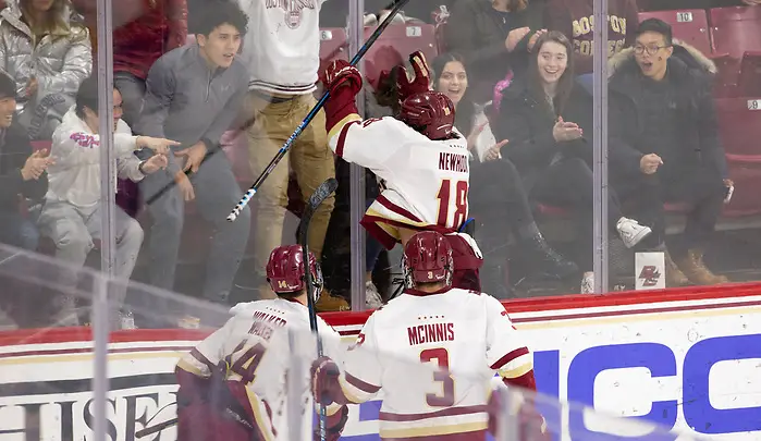 UML_FEB_7_2020_2007 CHESTNUT HILL, MA - FEBRUARY 7: Alex Newhook #18 of the Boston College Eagles. NCAA men's hockey between the UMass Lowell River Hawks and the Boston College Eagles at Kelley Rink on February 7, 2020 in Chestnut Hill, Massachusetts. (Photo by Rich Gagnon/UMass Lowell Athletics) (Rich Gagnon)